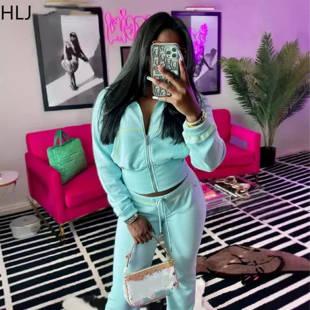 HLJ Autumn New Waffle Sporty Two Piece Sets Outfits Women Zipper Long Sleeve Crop Top And Jogger Pants Tracksuit Female Clothing