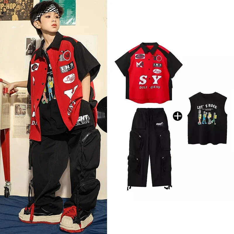 

New Children's Hip Hop Street Dance Trendy Clothing Boys Short Sleeve Set Cool Kid‘s Urban Jazz Dance Performance Costume XH864