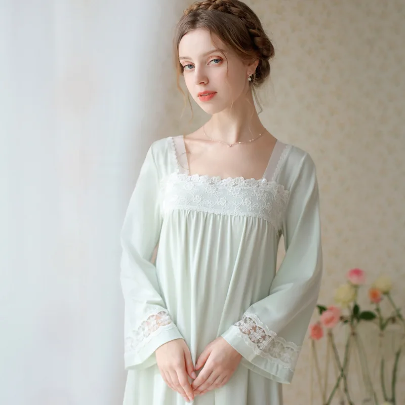 Sweet Lace Square Neck Night Dress Women Spring Autumn Vintage Chinese Flare Sleeve Nightwear Long Nightgown Princess Sleepwear