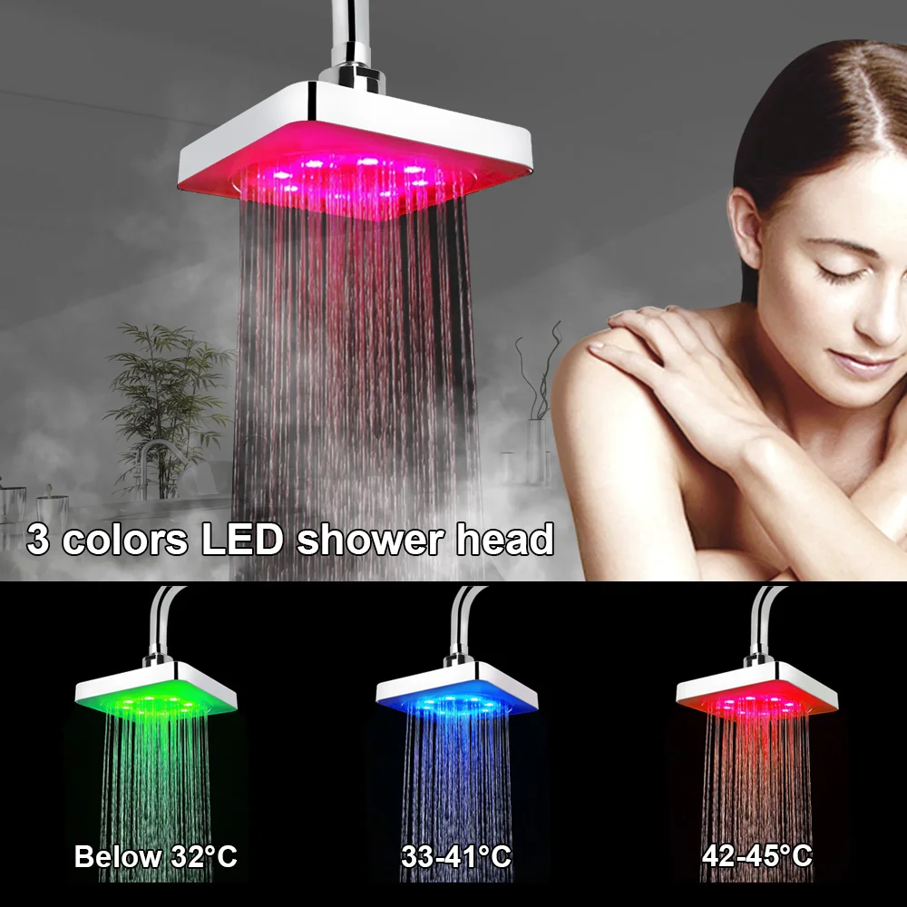 

Ultra-Quiet 3 Colors Temperature Sensor Rainfall Top Spray 7 Colors Gradual Changing Square Fixed Showerhead LED Shower Head