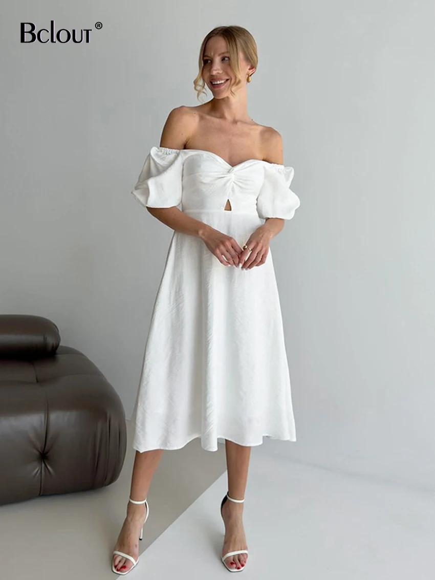 Bclout Elegant Ruched White Long Dresses Women Fashion Solid Puff Sleeve A-Line Dress 2024 Summer Hollow Out Sexy Dresses Female