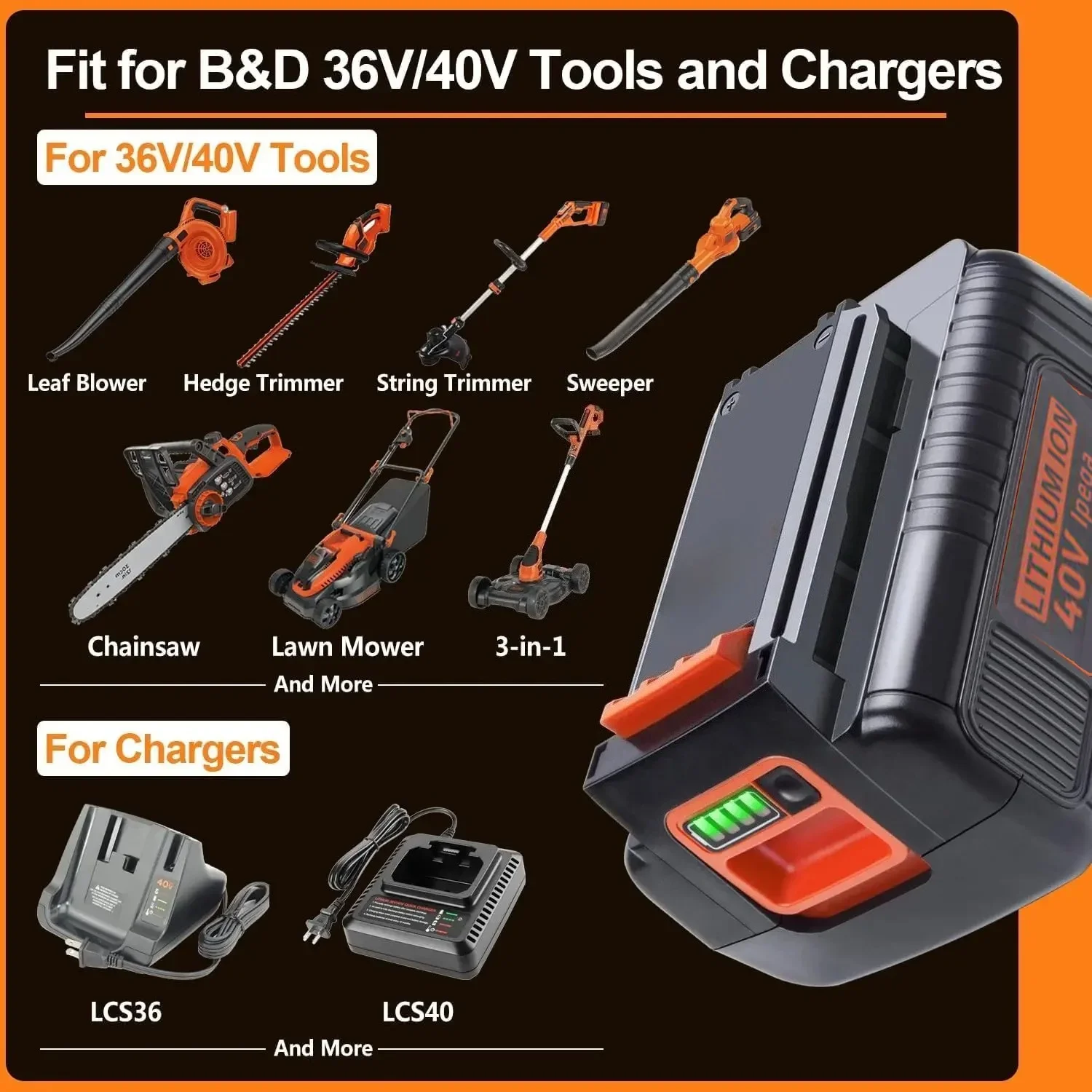 40V Durable Replacement Battery for Black & Decker｜6000mAh LED Real-Time Power Display