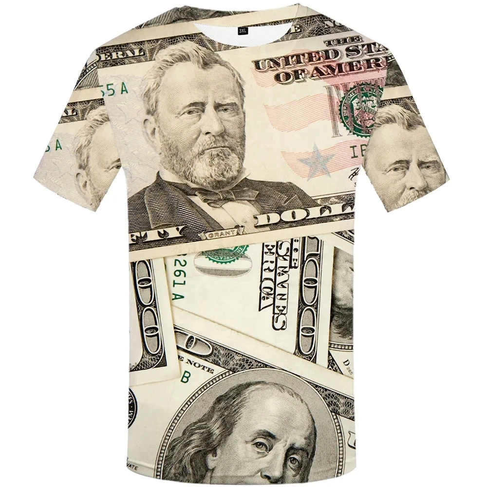 Camiseta con estampado de dinero de papel para hombre, camisa de cuello redondo con elementos de moda urbana