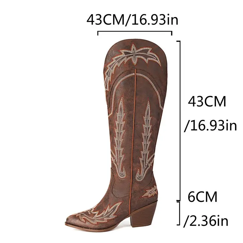 Girseaby-Botas de vaqueiro vintage femininas, dedo apontado, saltos de bloco, bordados 6cm, bota alta diária no joelho, tamanho 42 43