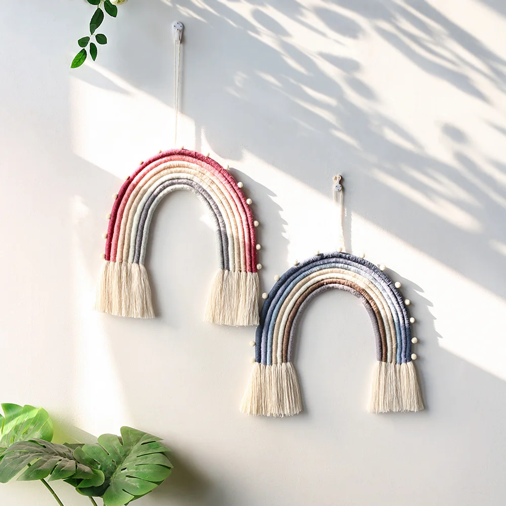 Boho Rainbow Macrame Wall Hanging, Hand Woven Tassel Wall Decor, Premium Ins Aesthetic Ornament for Kids Room & Home Decoration