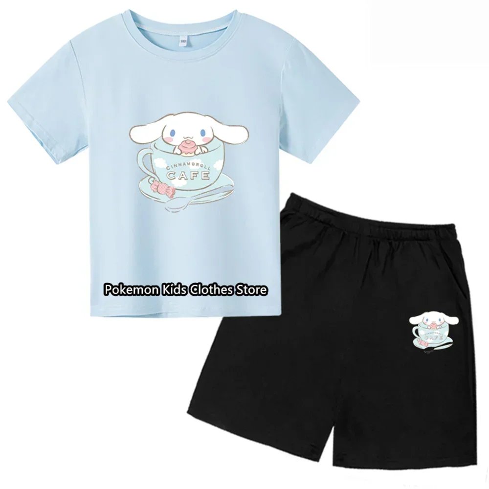 Boys Girls Anime Cinnamoroll Tshirt Kids Clothes Cartoon Tops Sanrio Hello Kitty T-shirt Set Summer Short Sleeves Marios Tees