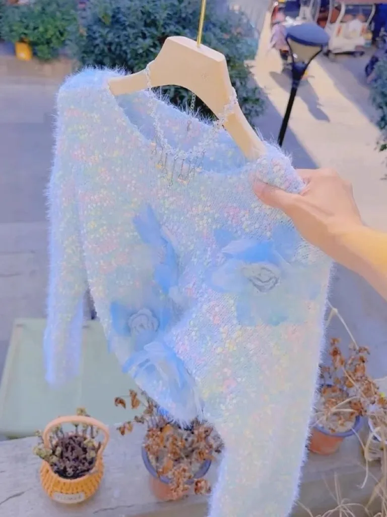 

Soft Faux Fur Spot Knitted Sweater Women's Autumn Winter Gentle Sle Milk Fufu 3D Flower Top Loose Fit round Ne Long Sve