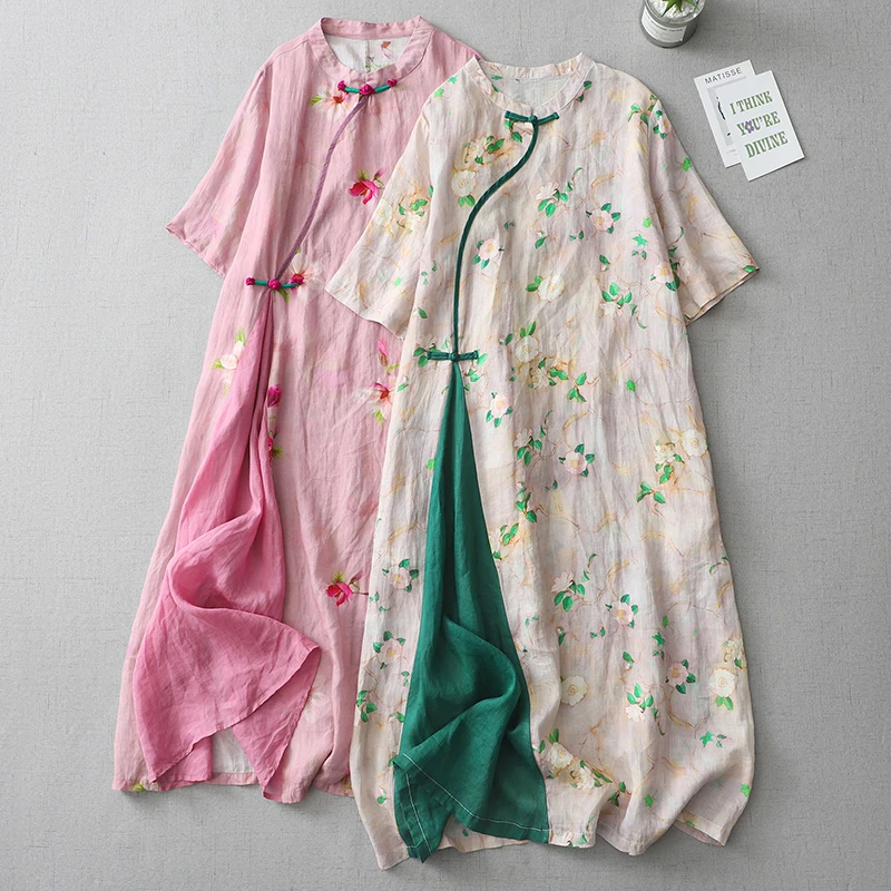New Chinese Sle Cotton Linen Summer Dr High Waist ort Sve Printed Modified Version Split Color  Hanfu
