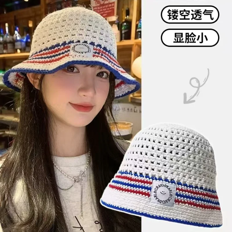 Korean Fashion Contrasting Stripes Hollow Bucket Hat Spring and Summer Travel Versatile Show Face Small Handmade Women's Caps