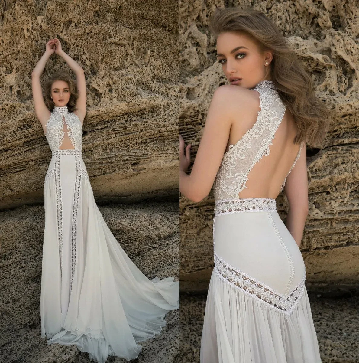 Vestido de novia clásico con cuello alto, calcomanía sexy, cuello halter, línea A, playa, fotografía al aire libre, novedad de 2024