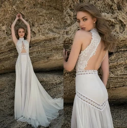 New Classic Wedding Dress Sexy High Neck Decal Halter Bridal Dress A Line Beach Outdoor Photography Wedding Dress  Customized