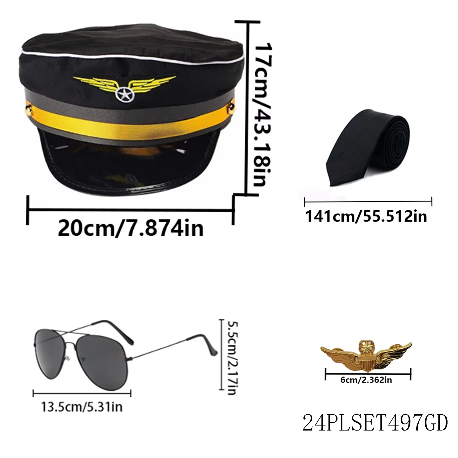 PESENAR 4-częściowy czarny strój pilota lotniczego, idealny na imprezę o tematyce lotniczej