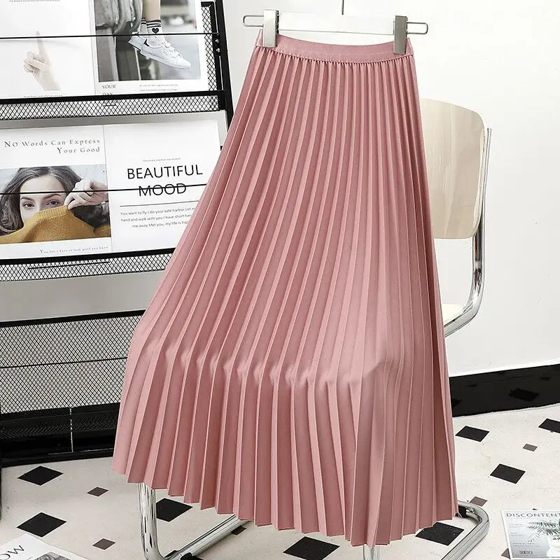 High-waisted pleated skirts mid-length dress women in 2026 summer collection - elastic waist accordion skirt long A-line dress
