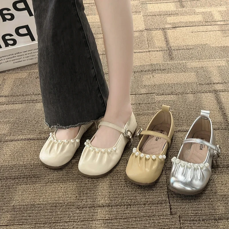 2024 Spring and Autumn High Quality Women's Shoes New Solid Color Round Toe Pearl Decorated One-line Buckle Women's Flat Shoes