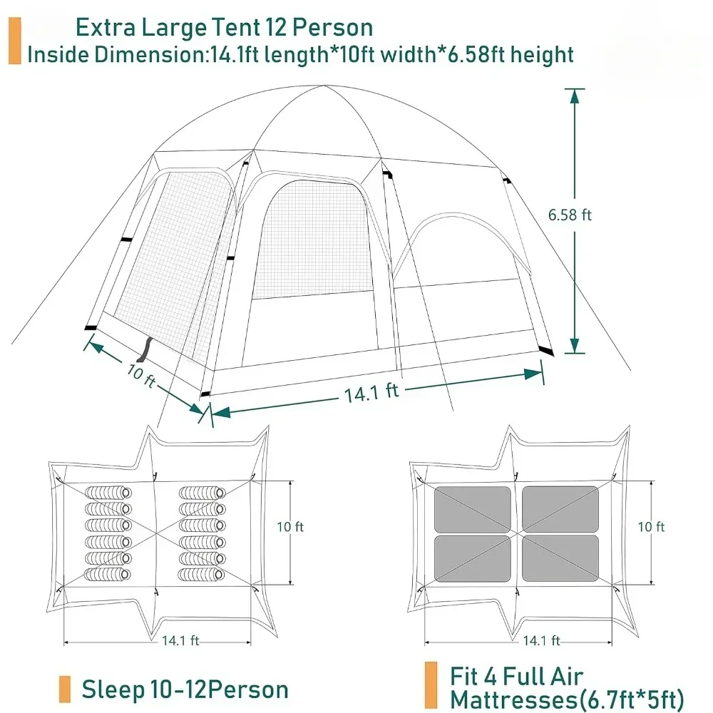 Imagem -05 - Grande Barraca Impermeável de Dupla Camada Barracas de Cabine Familiar Portas e Janelas com Malha Piquenique Camping e Reunião Familiar 12 Pessoas