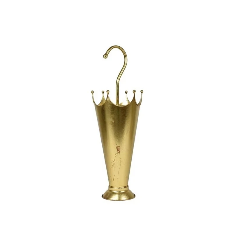 Modern gold metal umbrella stand, antique brass finish, single-sided support, freestanding design, 23.5x21, height 63 cm