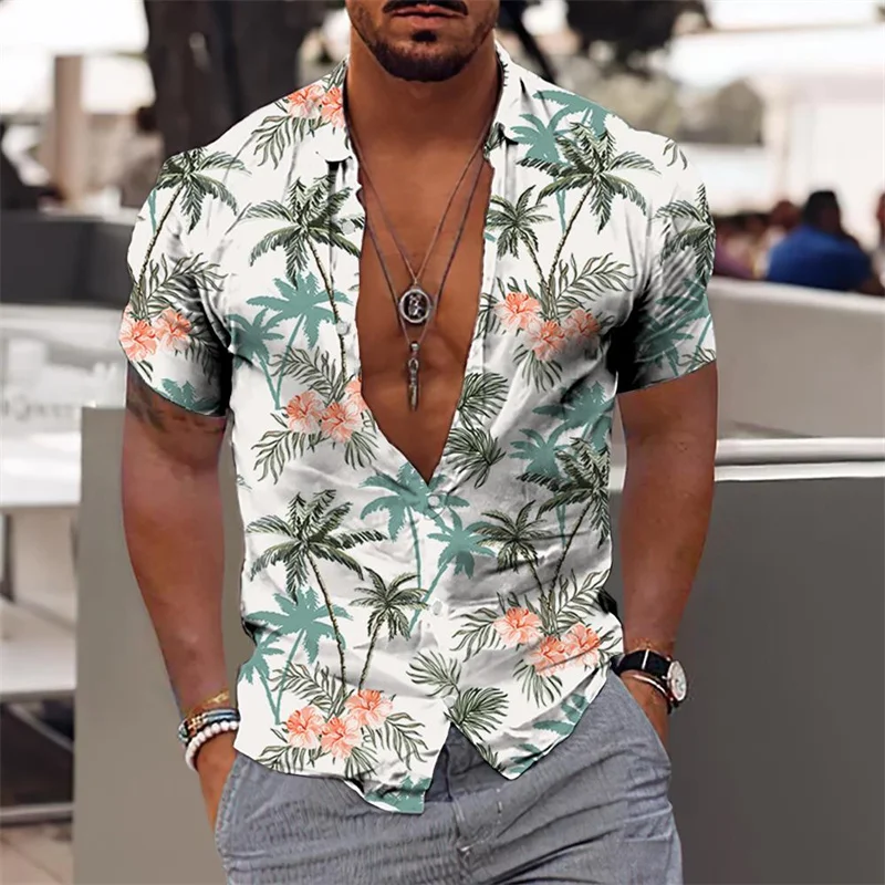 Camisa havaiana slim fit masculina, tops diários de férias, roupa casual de ginástica, estampa floral elegante, folhas, social, moda casual, Y2k