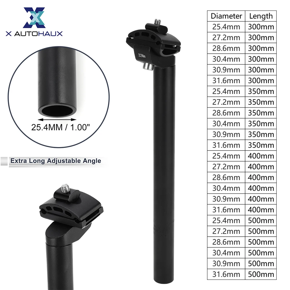 

X Autohaux Bike Seat Posts 25.4x300mm Extra Long Adjustable Angle Black Aluminum Alloy