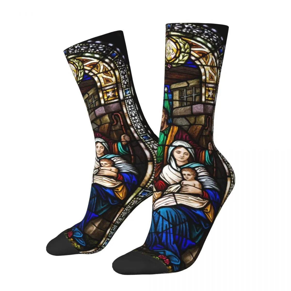 

Funny Crazy Sock for Men Jesus Mary Stained Glass Hip Hop Harajuku Happy Pattern Printed Boys Crew Sock Casual Gift