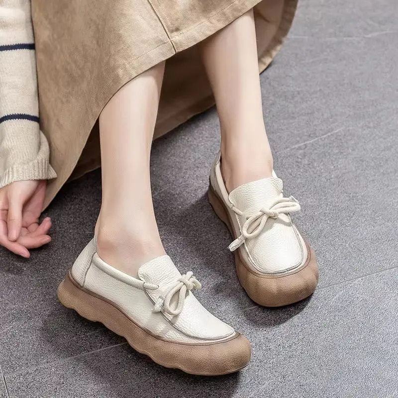 

Women Loafers Genuine Leather 2026 New Non-slip Slip-on Retro Casual Shoes Women Shoes Large-size Lace-up Flat Female Sneakers