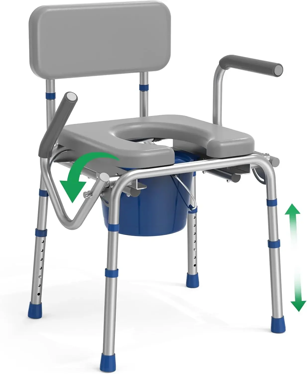 Drop Arm Bedside Commode with Padded Seat and Backrest (Gray) | 500 LBS Capacity Height Adjustable Portable Toilet, Equipped wit