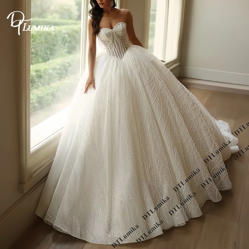 DTLumika Strapless Fringe Rhinestone Corset Wedding Dress Leaf Glitter A-Line Bridal Gown Long Train Custom Luxury Bride Dress