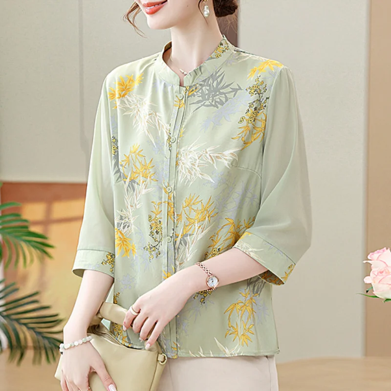 

Новая женская блузка в китайском стиле с бамбуковым принтом из шифона, рукав 3/4, воротник-стойка, на пуговицах, повседневная рубашка