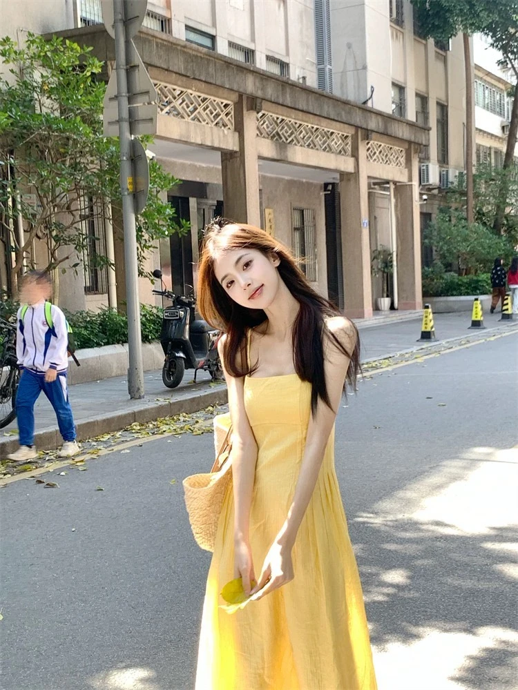 여유로운 스타일 드레스 여유로운 스타일 여유로운 바람 망고 노란색 해변 분위기 A라인 롱 드레스 원피스 드레스