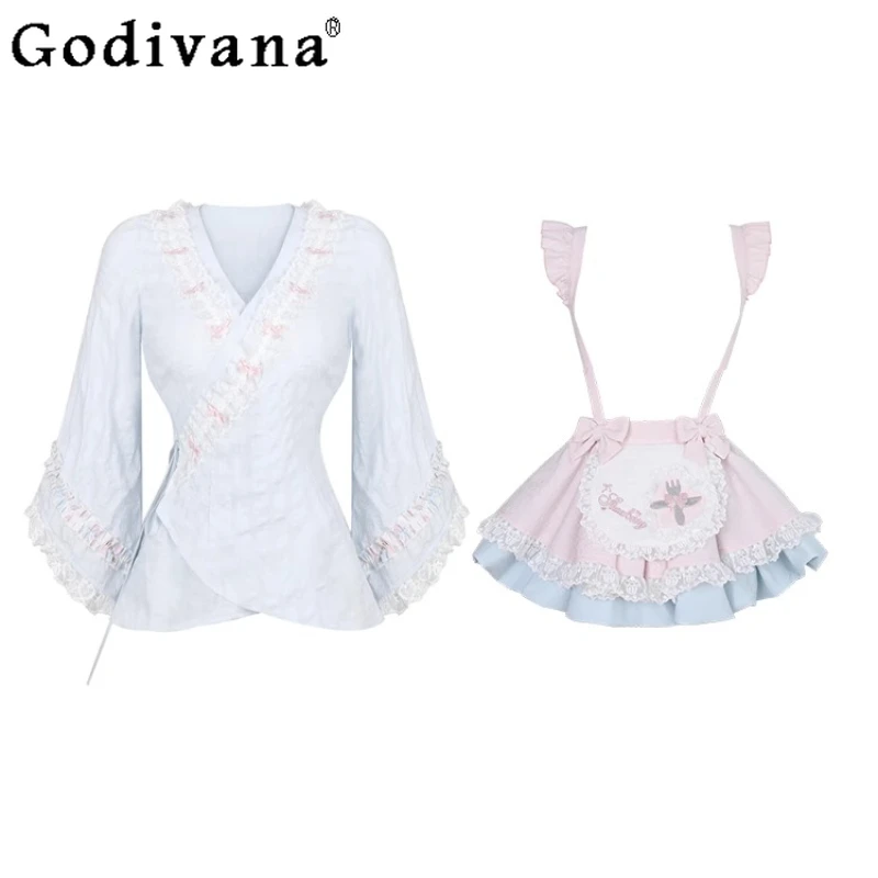 

Summer Japanese Style Set Women's Long Sleeve Sweet Blue Top Pink Blue Bud Strap Dress Female Lolita Cute Summer Outfits