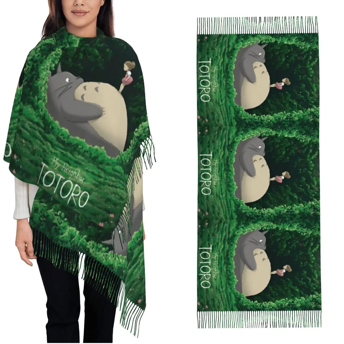

Женский шарф с кисточкой T-Totoros Lay Anime Kawaii, длинная мягкая теплая шаль с рисунком Mei, милые подарки, шарфы из пашмины