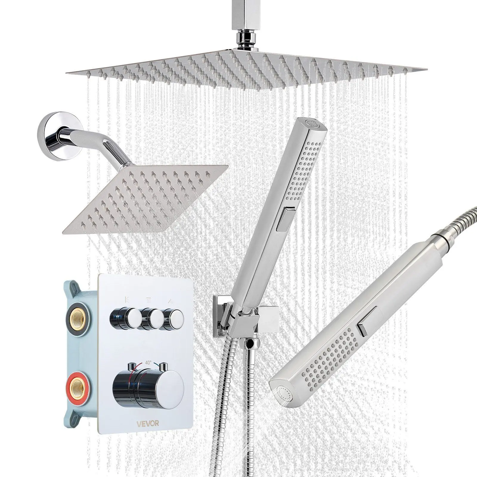 Shower Faucet Set, 12 Inch Thermostatic Ceiling Mount Rainfall Shower System with 6 Inch Wall Mount Head and 2 in 1 Handheld