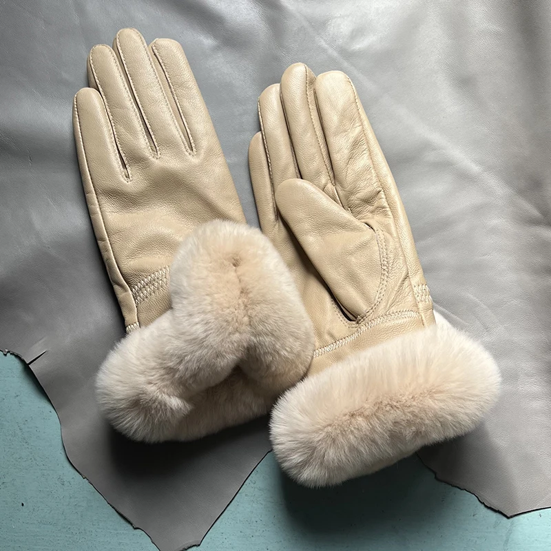 Autumn winter women's genuine leather gloves 100% real rex rabbit fur genuine sheepskin mittens black red blue pink