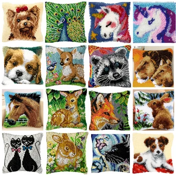 동물 프린트 패턴 래치 후크 키트, 빈티지 매듭 베개 패키지, 자수 래치 후크 키트, 고양이 및 개 쿠션 베개 케이스