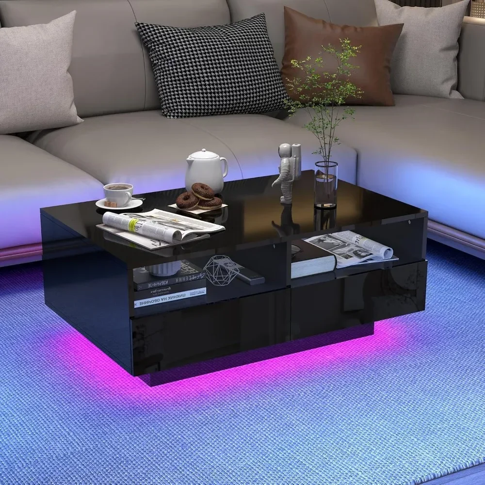 

LED Coffee Table with 4 Storage Sliding Drawers, High Glossy Modern Center Table with 20 Colors LED Lights, Café Tables