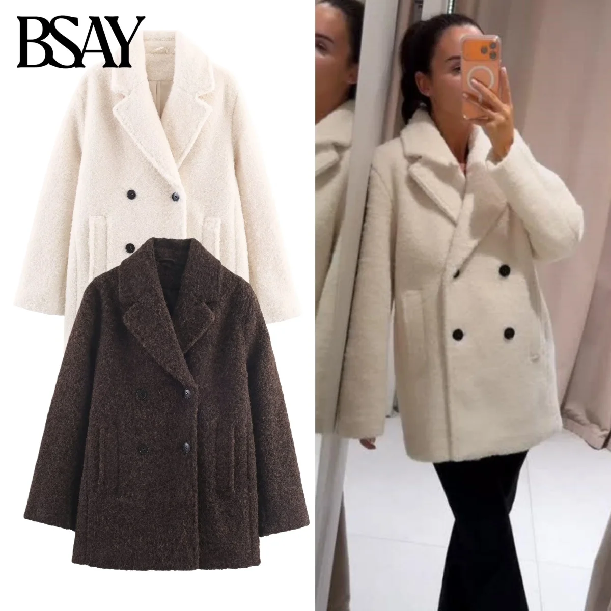 

BSAY Double Breasted Coat for Women Fashion Autumn Winter New white woolen fabric warm short overcoat Chic Ladies Tops Mujer