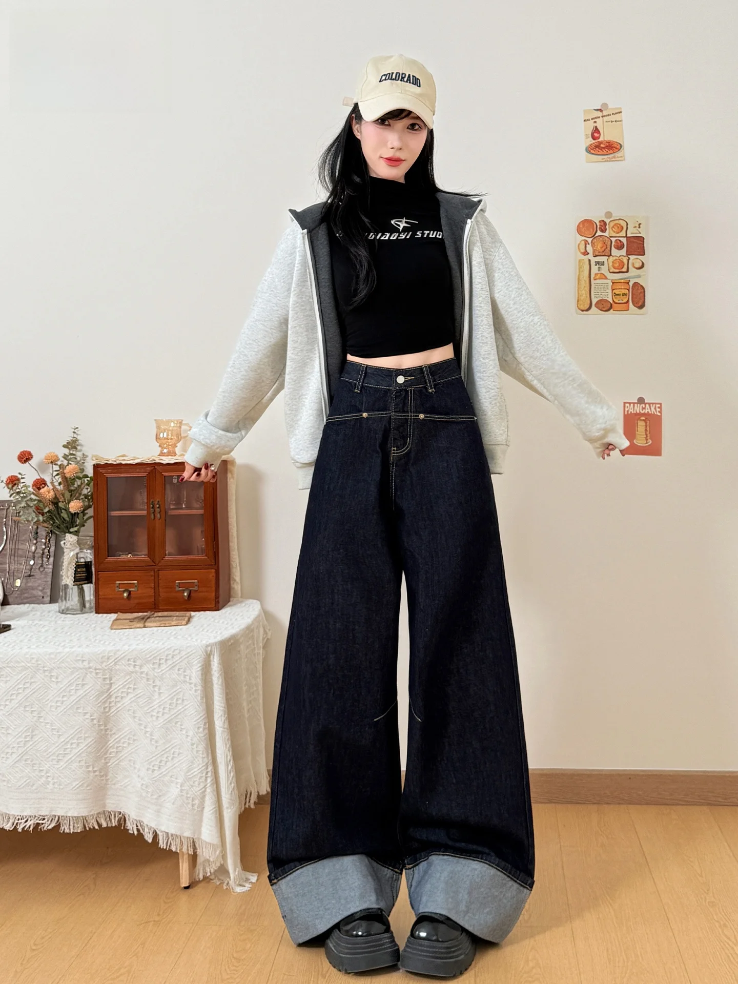 American Style High Waist Wide Leg Jeans Women Summer Loose Slimming Design Flip down Floor Length Pants Casual Cotton Denim