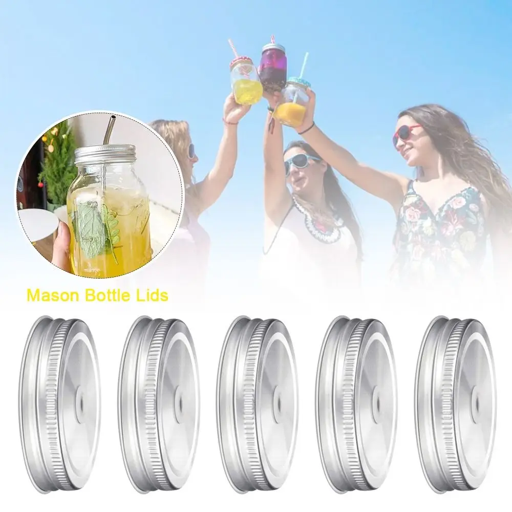 10pcs Storage Lids Practical 304 Stainless Steel 70mm Sealing Cover Rust Prevention with Straw Hole Mason Bottle Lids Home