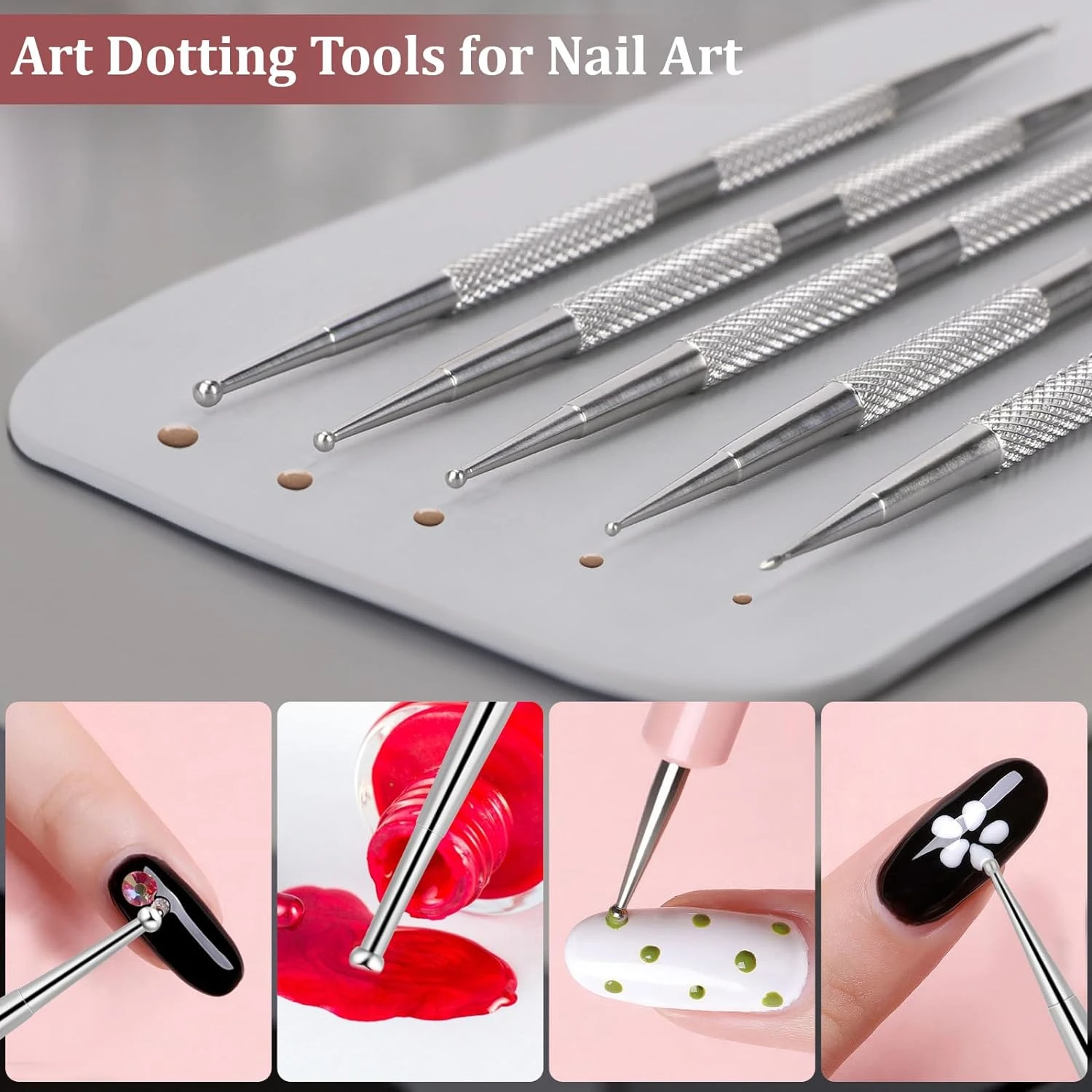 Kit de manicura de acero inoxidable impecable de alta calidad, 5 uds., con bolígrafos de pintura esenciales de punta alta y bolígrafos punteados de 2 vías para precisión