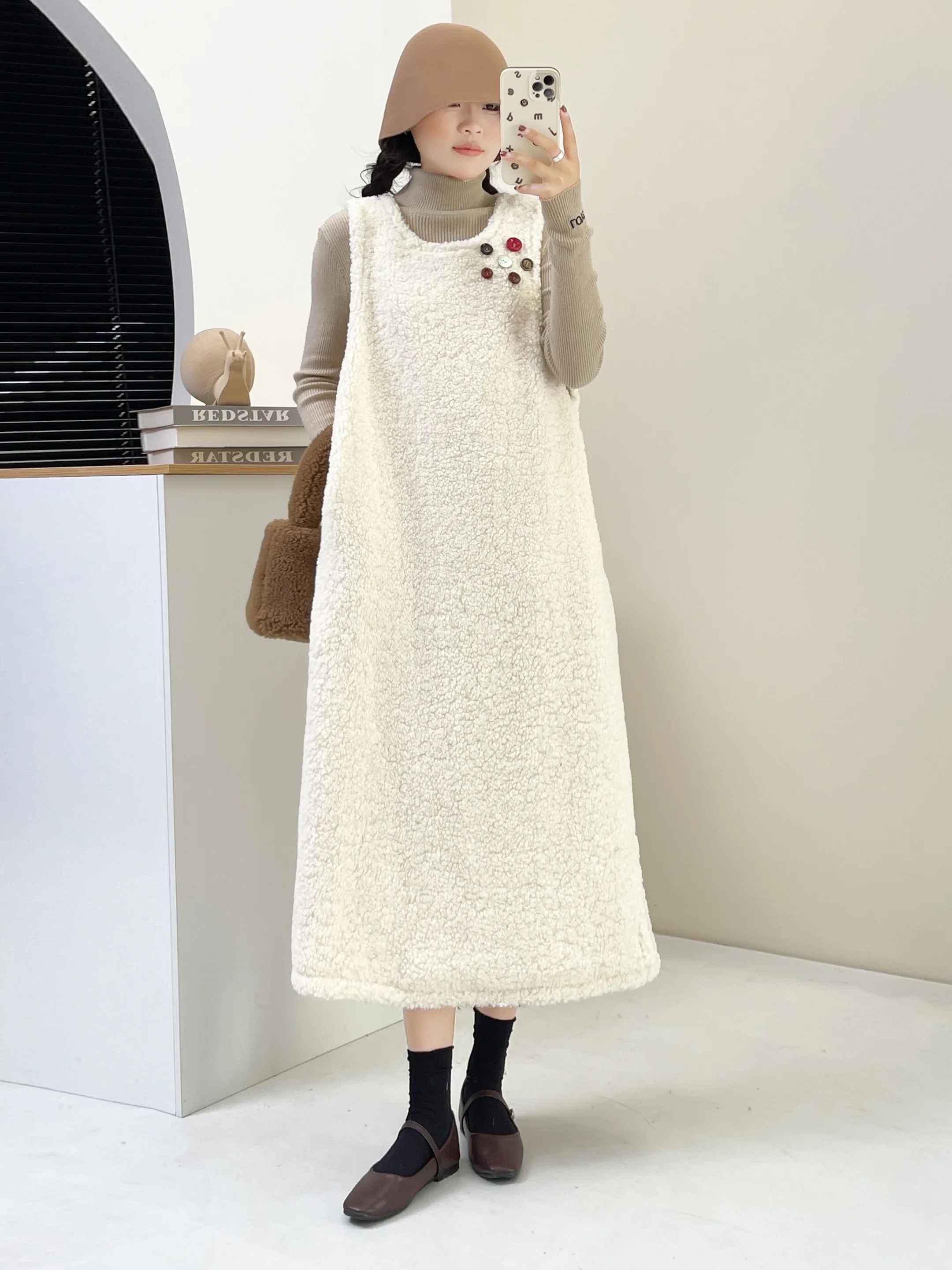 

Autumn Winter Women's Soft Plu Lamb Velvet Vest Skirt Mid-Length round Ne Sweet Sle A-Line Single Piece No Sve