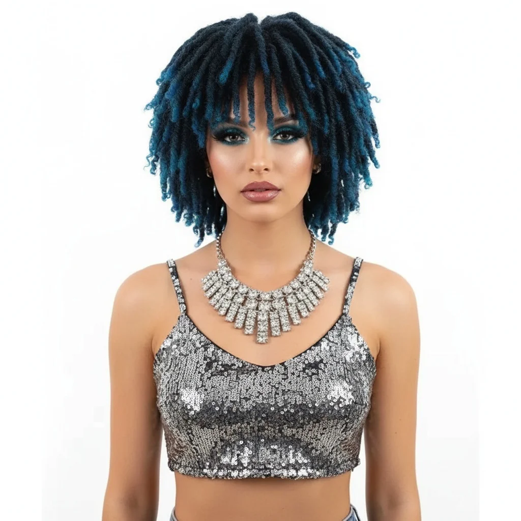 Heat Resistant Synthetic African Small Curly Full Blue Wig Tube Curl Hollow Curl Faux Locs Multicolor Wig