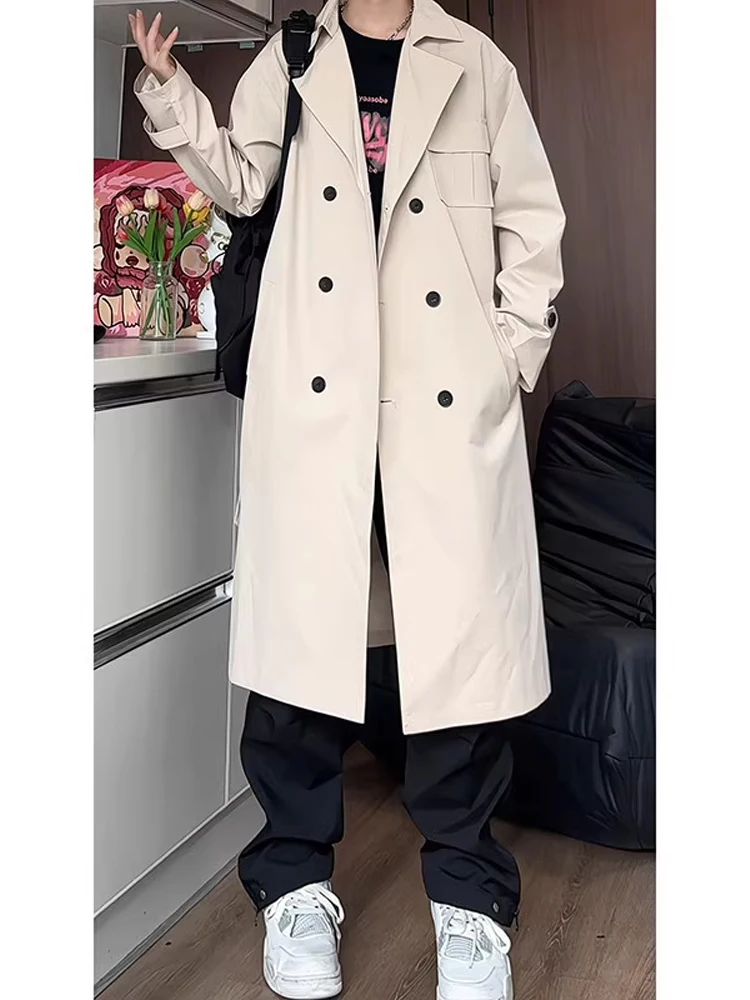 

Korean Sle Knee-Length Windbreaker Coat Men's Women's Autumn Faion College Sle Mid-Length Double-Breasted Coat