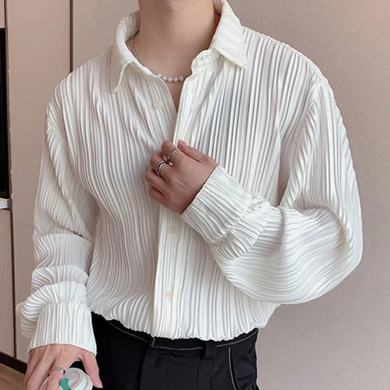 

Autumn Winter New Fashion Temperament Trend Simple Blouse Male Korean Fold Design Shirt Man Solid Color Loose Casual Gentmen Top