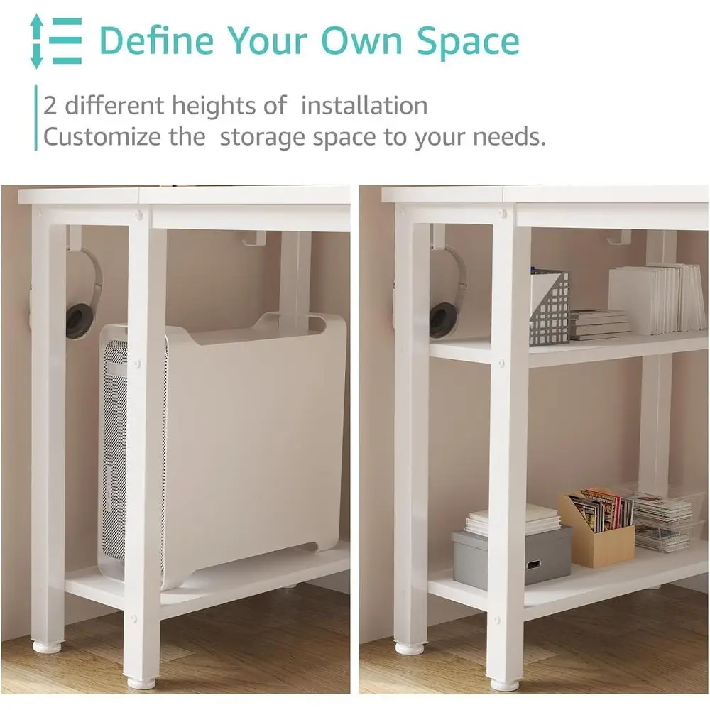 55 Modern White Desk with Fabric Drawers & Shelves, Home Office Study Writing Desk, Cute PC Desk Table