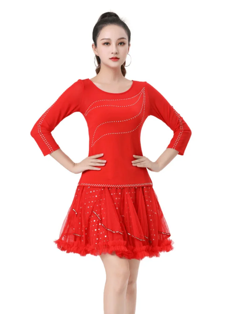 

Rhinestones Ballroom Waltz Stage Tops Dancewear Jazz Round Neck Dance Competition Stadium Modern Luxury Classical Latin T-shirt