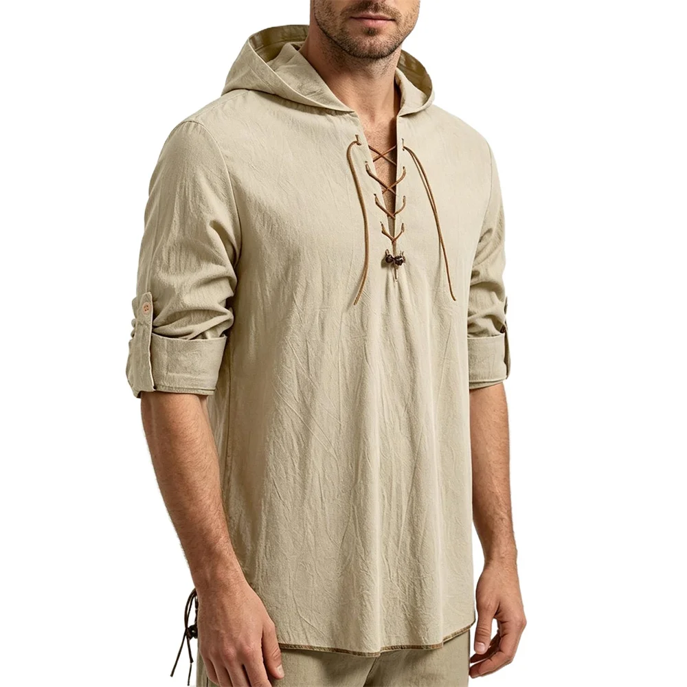 Men's Vintage Pirate Shirt Long Sleeve V-neck Solid Color Breathable Lightweight Hooded Design Fashion Lace-up Party Costume