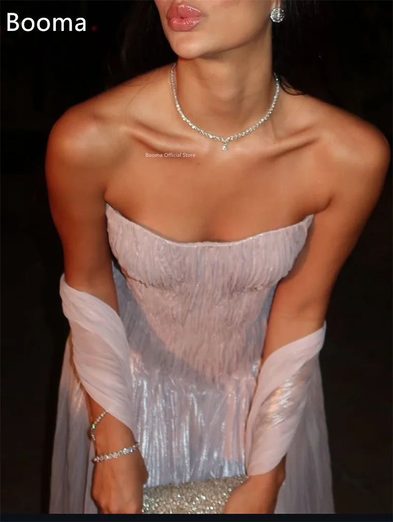 Booma a-line مطوي لامع بدون حمالات للنساء فساتين رسمية للحفلات الراقصة للنساء فساتين سهرة بدون أكمام بسيطة مخصصة 2025