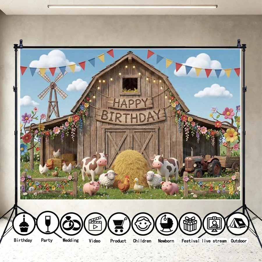 

MOON.QG Rustic Farm Birthday Backdrop Barn Windmill Animal Photo Background Child Poster Photography Accessories Photo Studio