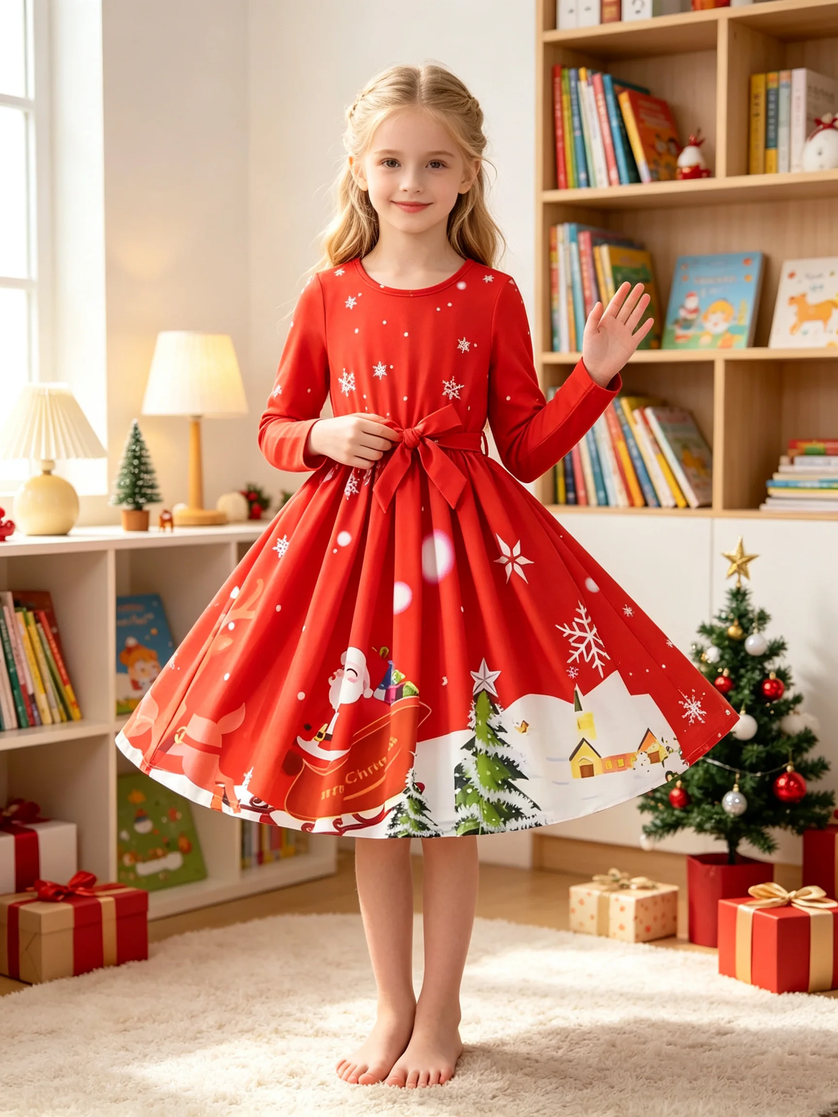 Kids Christmas Printed Dress Casual round Neck Long Sleeve Tied Waist Autumn Winter Clothing for Children