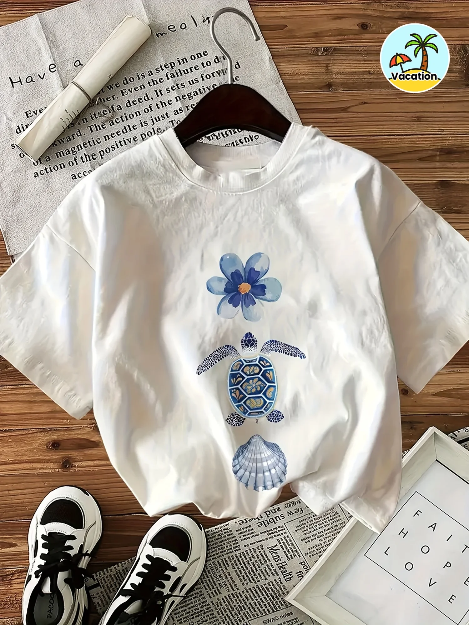 Blue Flower Sea Turtle Seashell Prints Cotton T-Shirts Women Summer Oversized Tops Soft Short Sleeve Tees Basic O-Neck Clothes