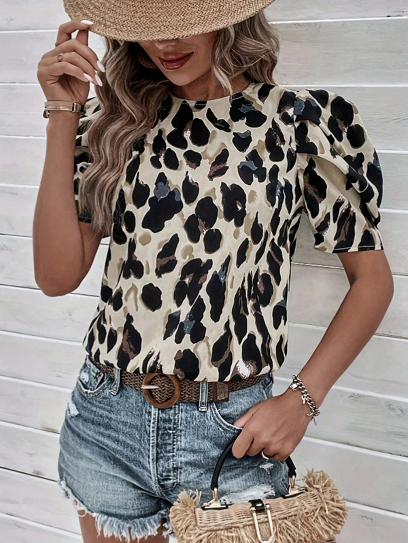 

Women's Leopard Print Puff Sleeve Blouse Summer Casual Top